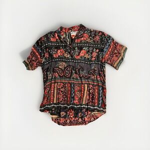 Vintage Minti Mode Indian Print Shirt Womens Medium Rayon Tribal Boho Button